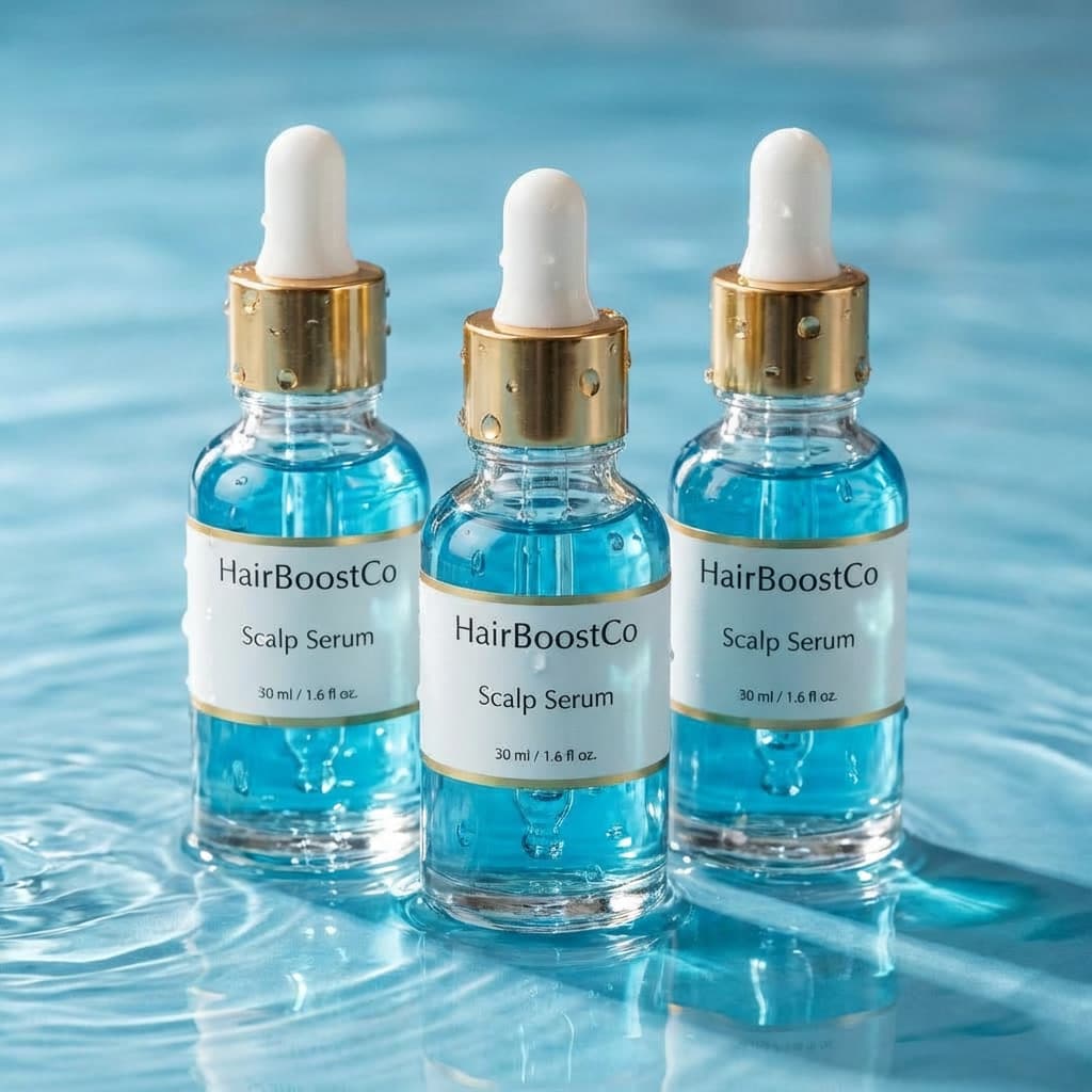 Three HairBoostCo bottles on water